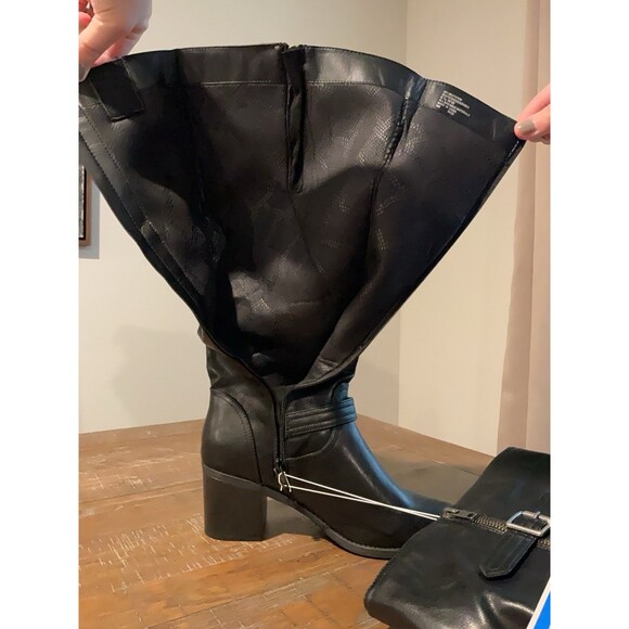 NWT White Mountain Black Slouch Boots 8.5 Wide Calf Women’s Heeled Boot Belted - Picture 9 of 11